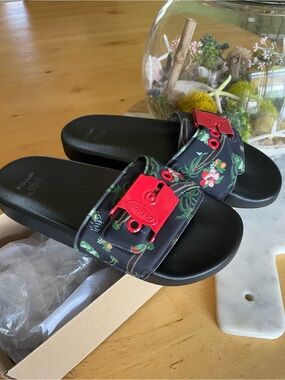 DrScholl’s + Urban Outfitters Floral Black Slide Sandals with Red Buckle